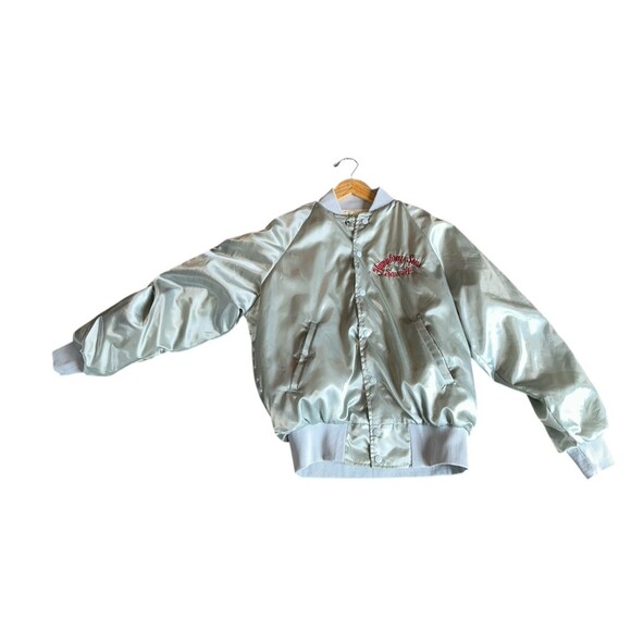 Vintage Karington Satin Bomber Jacket Silver USA Humphreys Sawmill Medium - Picture 15 of 16